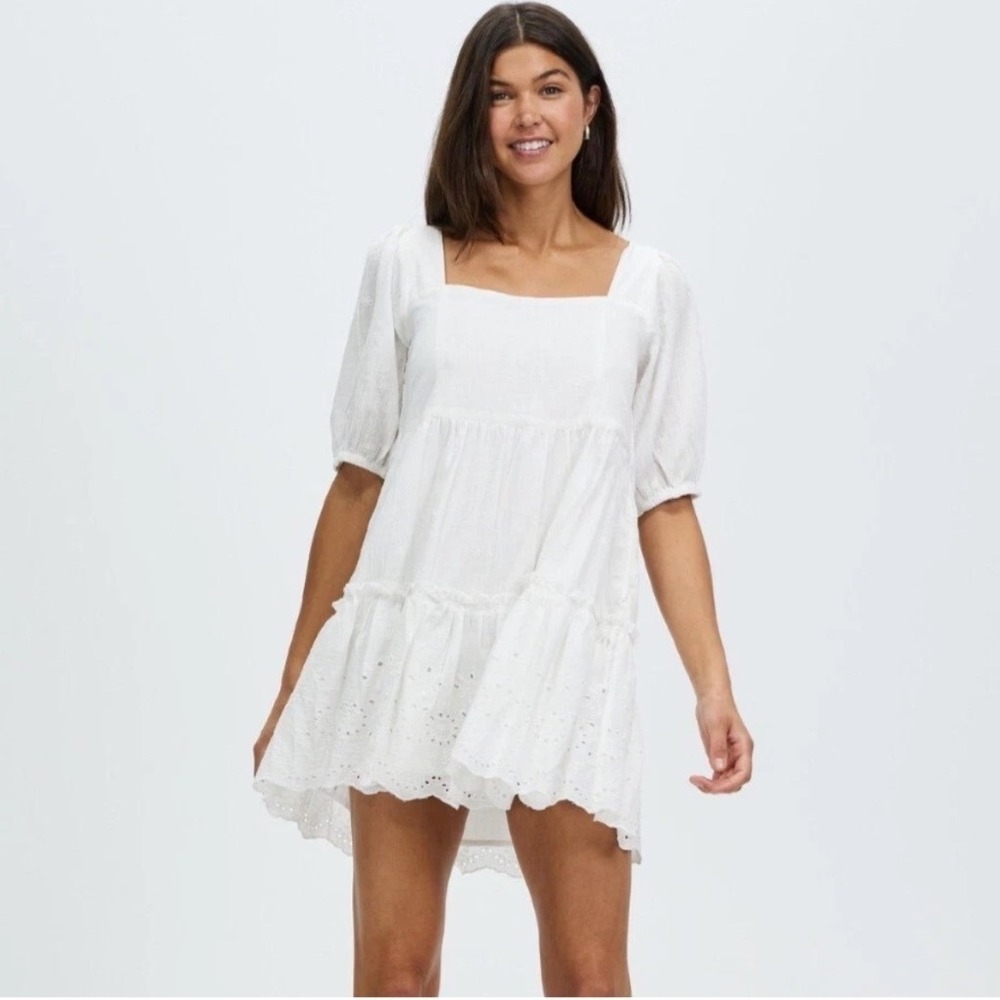 Saint‎ Helena White Cotton Eyelet Tiered Babydoll Mini Dress Puff Sleeve XS